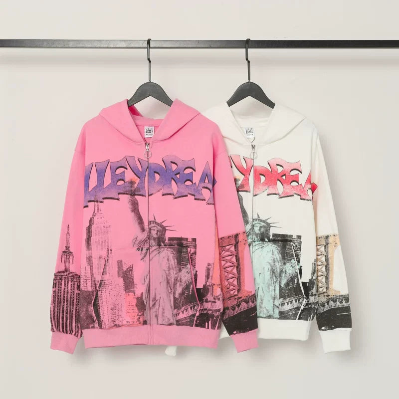 VALE VALLEY Fashion Retro High Street Statue of Liberty Direct Spray Printed Loose Cotton Cardigan Hoodie Hoodie (2)