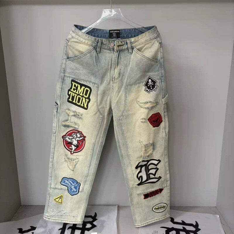 MIXED EMOTION Washed Distressed Patch Denim Pants