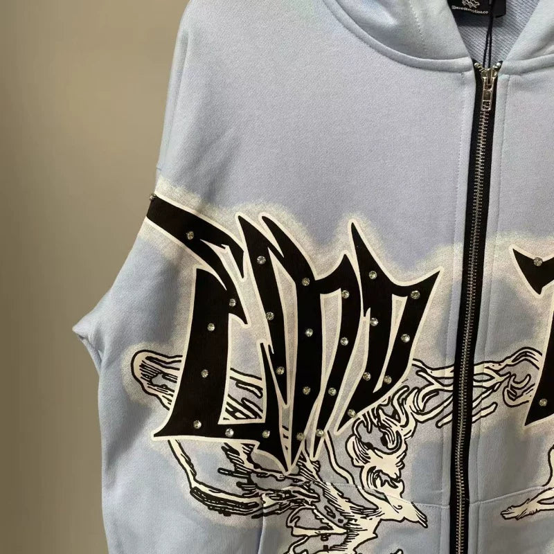 Mixed Emotion Rhinestone Streetwear Zip Hoodie