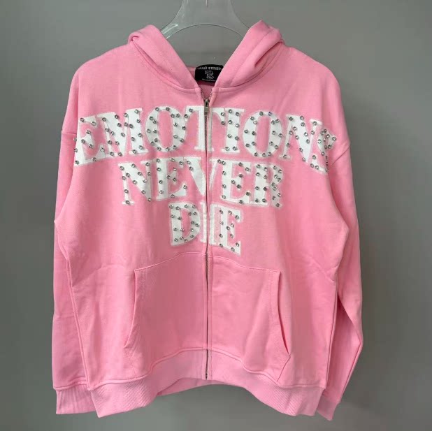 Mixed Emotion Rhinestone Letter Zip Hoodie Pink
