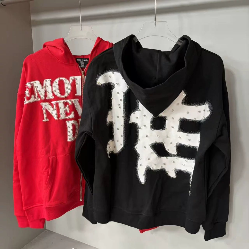 Mixed Emotion Rhinestone Letter Zip Hoodie Black