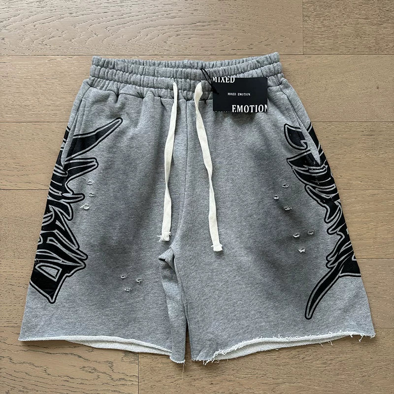 MIXED EMOTION Distressed Print Zip Shorts