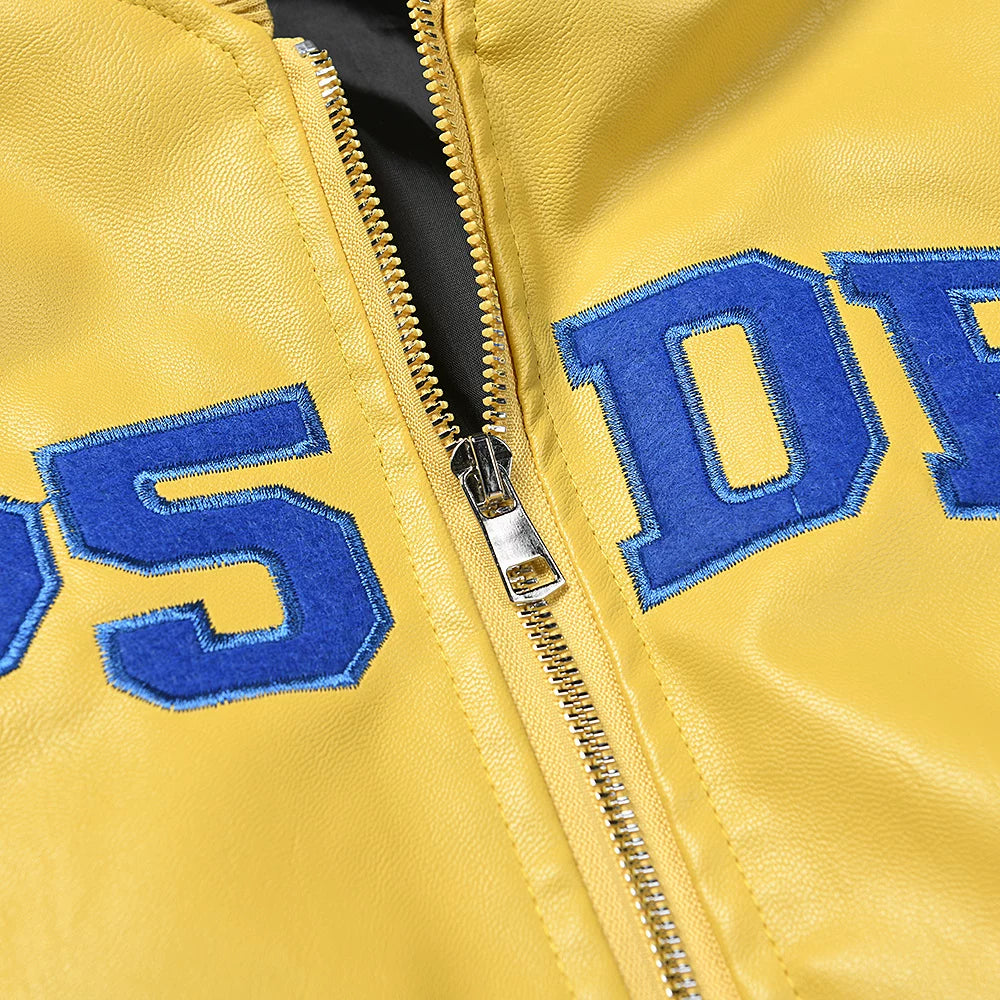 Sp5der Embroidered PU Leather High Street Bomber Jacket