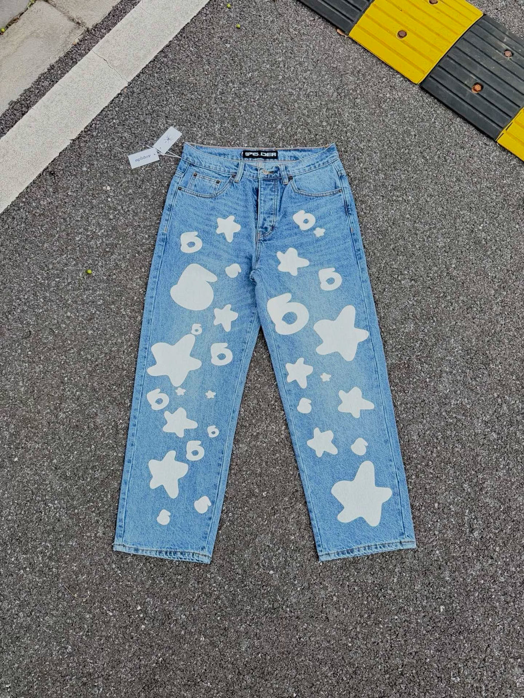 Sp5der Star Foam Print Washed Distressed Jeans