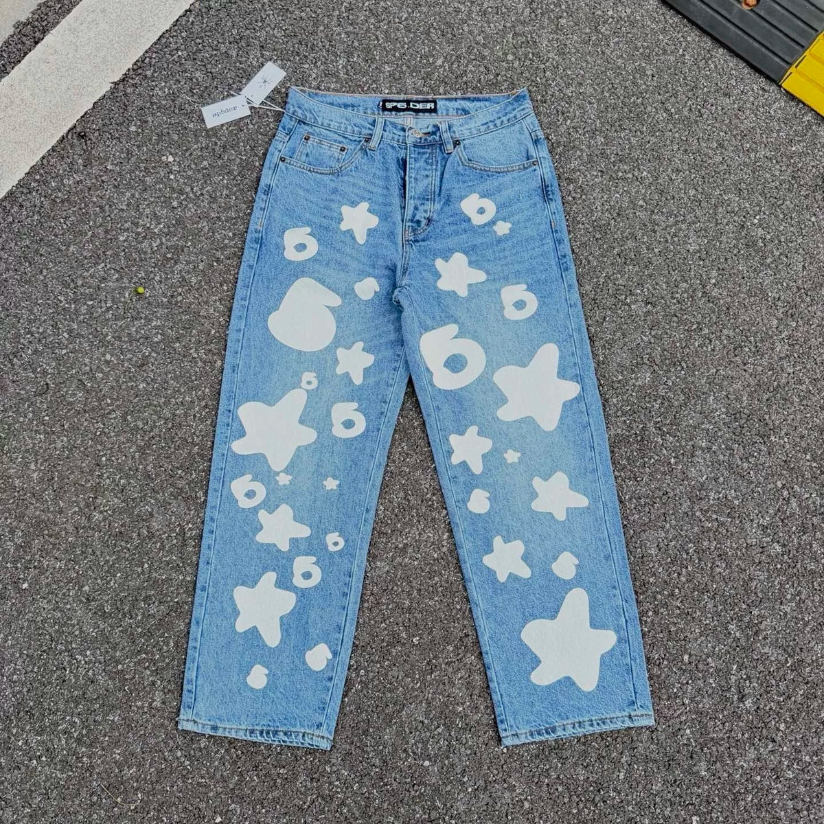 Sp5der Star Foam Print Washed Distressed Jeans