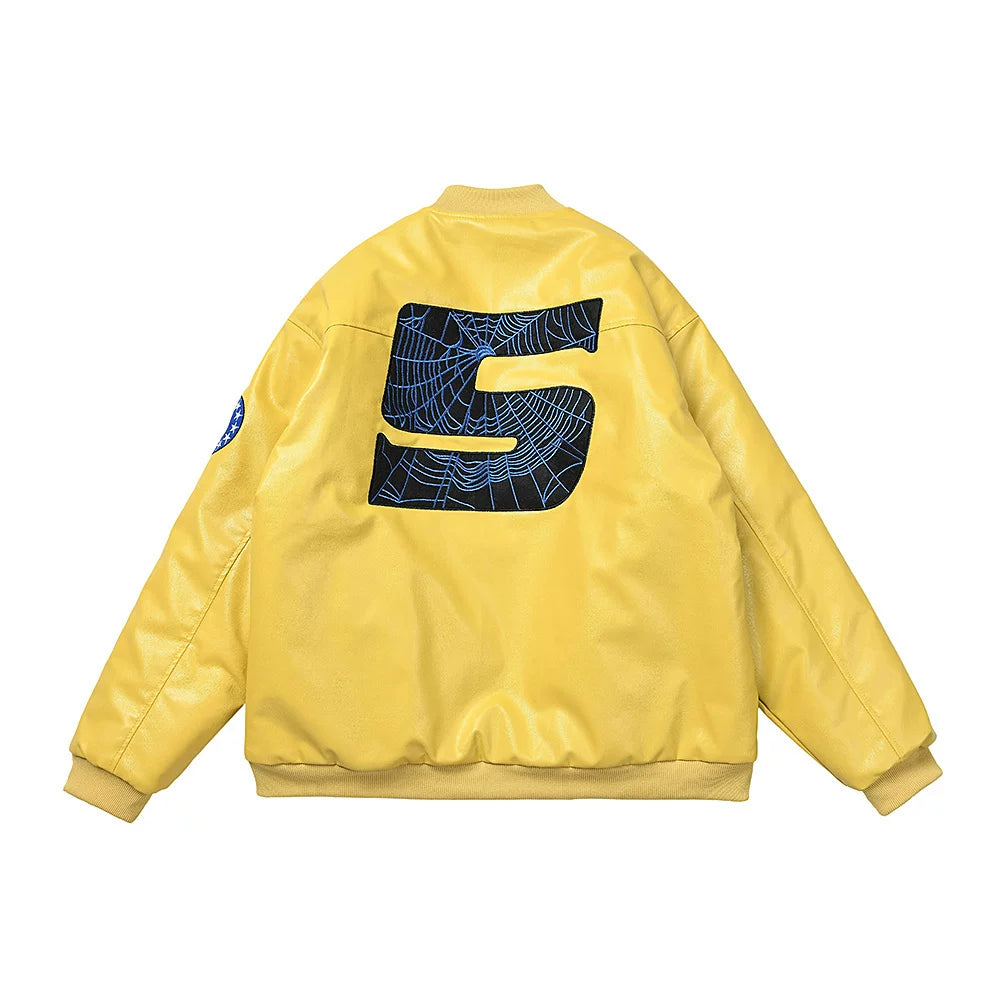 Sp5der Embroidered PU Leather High Street Bomber Jacket