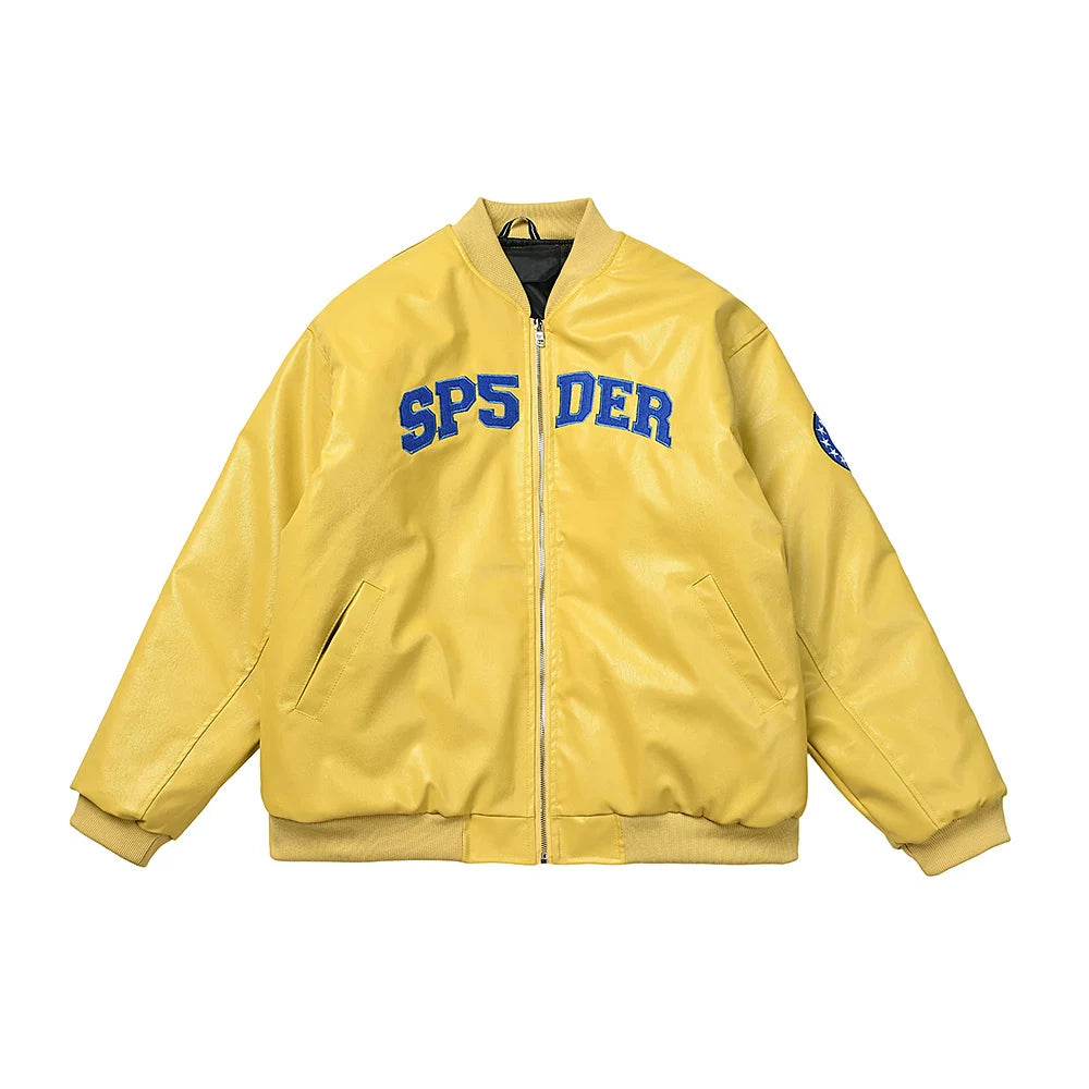 Sp5der Embroidered PU Leather High Street Bomber Jacket
