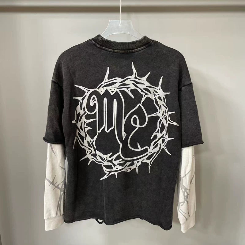 MIXED EMOTION Washed Distressed Layered Sweatshirt