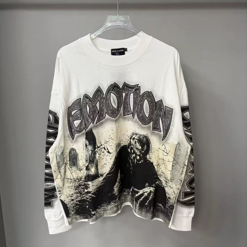 Mixed Emotion Skull Rhinestone Streetwear Long Sleeve