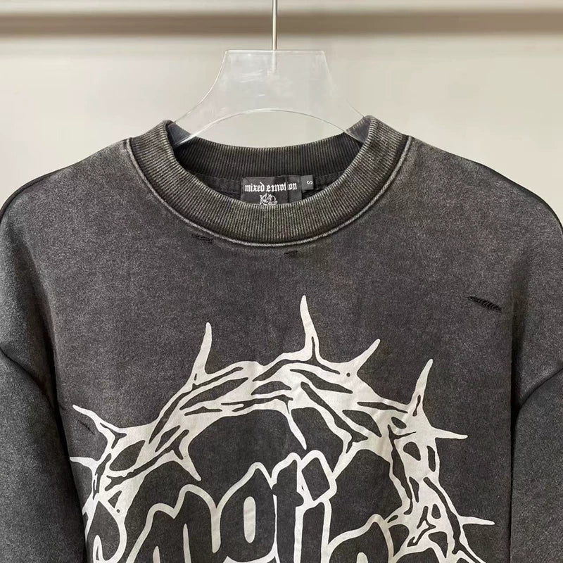 MIXED EMOTION Washed Distressed Layered Sweatshirt