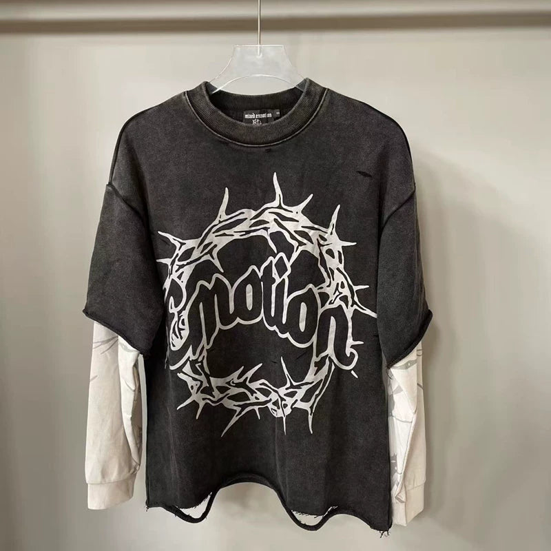 MIXED EMOTION Washed Distressed Layered Sweatshirt