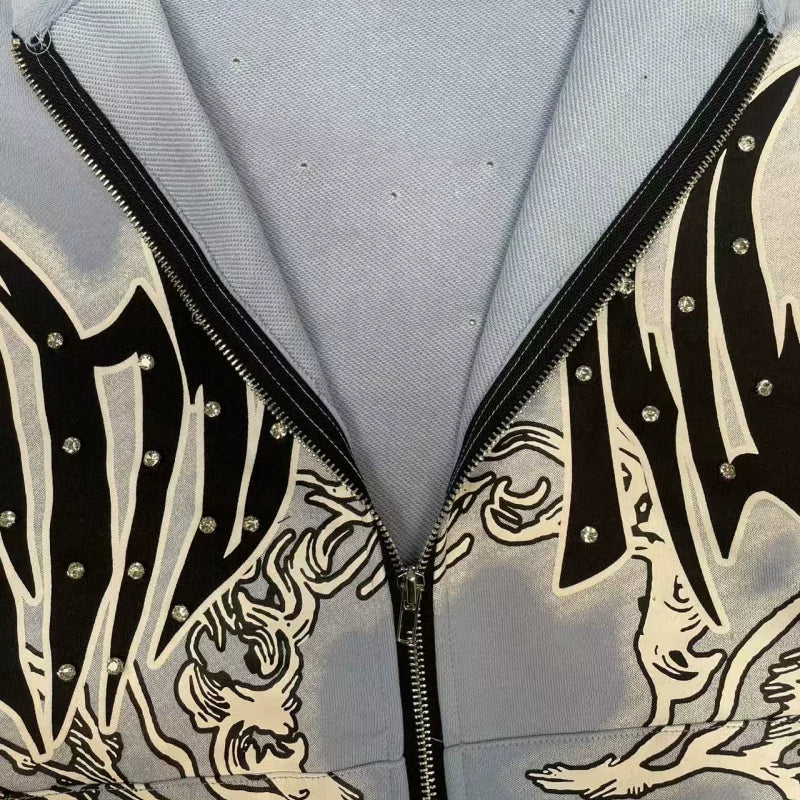 Mixed Emotion Rhinestone Streetwear Zip Hoodie
