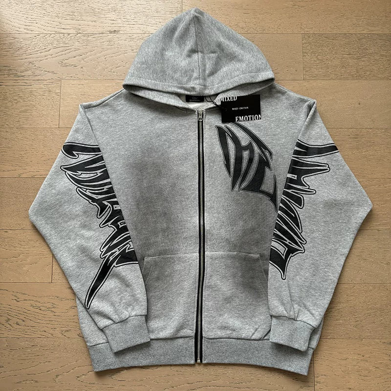 MIXED EMOTION Distressed Print Zip Hoodie