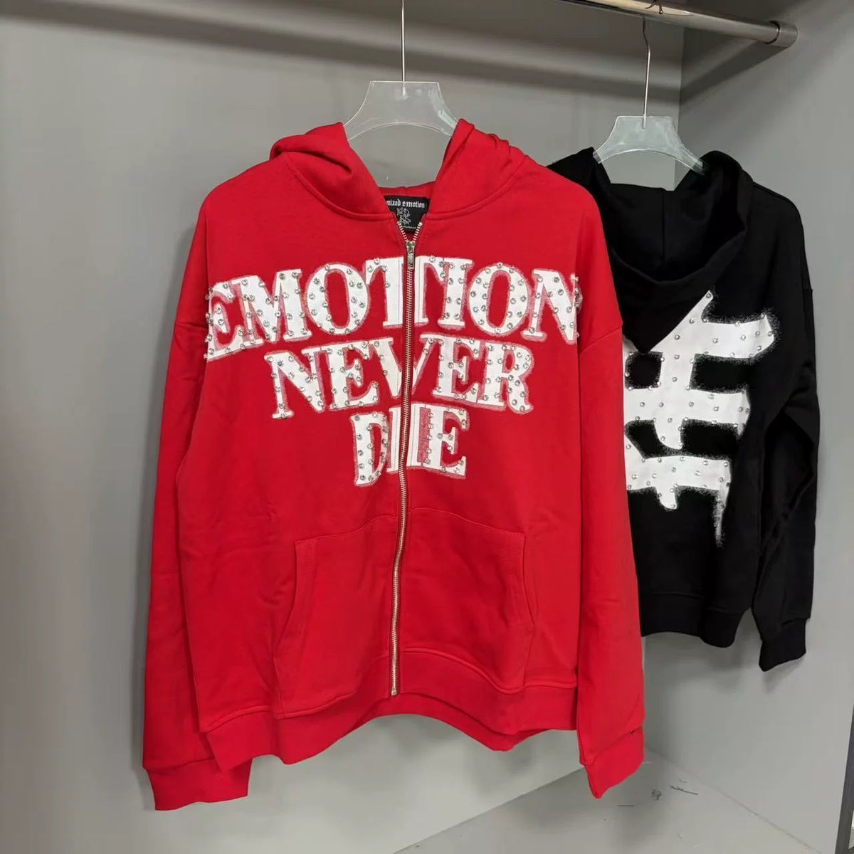 Mixed Emotion Rhinestone Letter Zip Hoodie Red