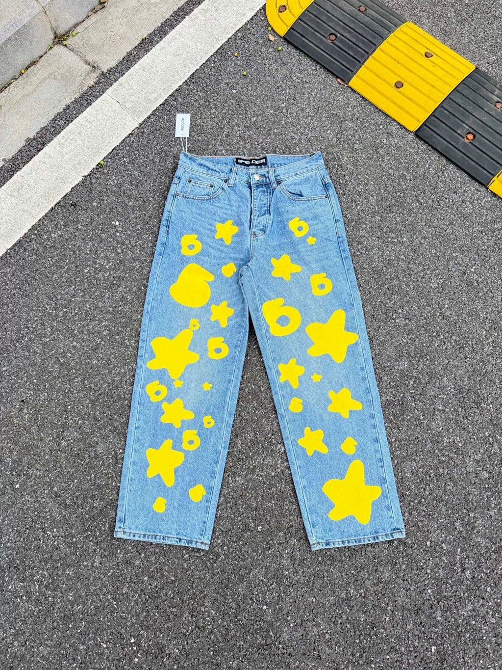 Sp5der Star Foam Print Washed Distressed Jeans