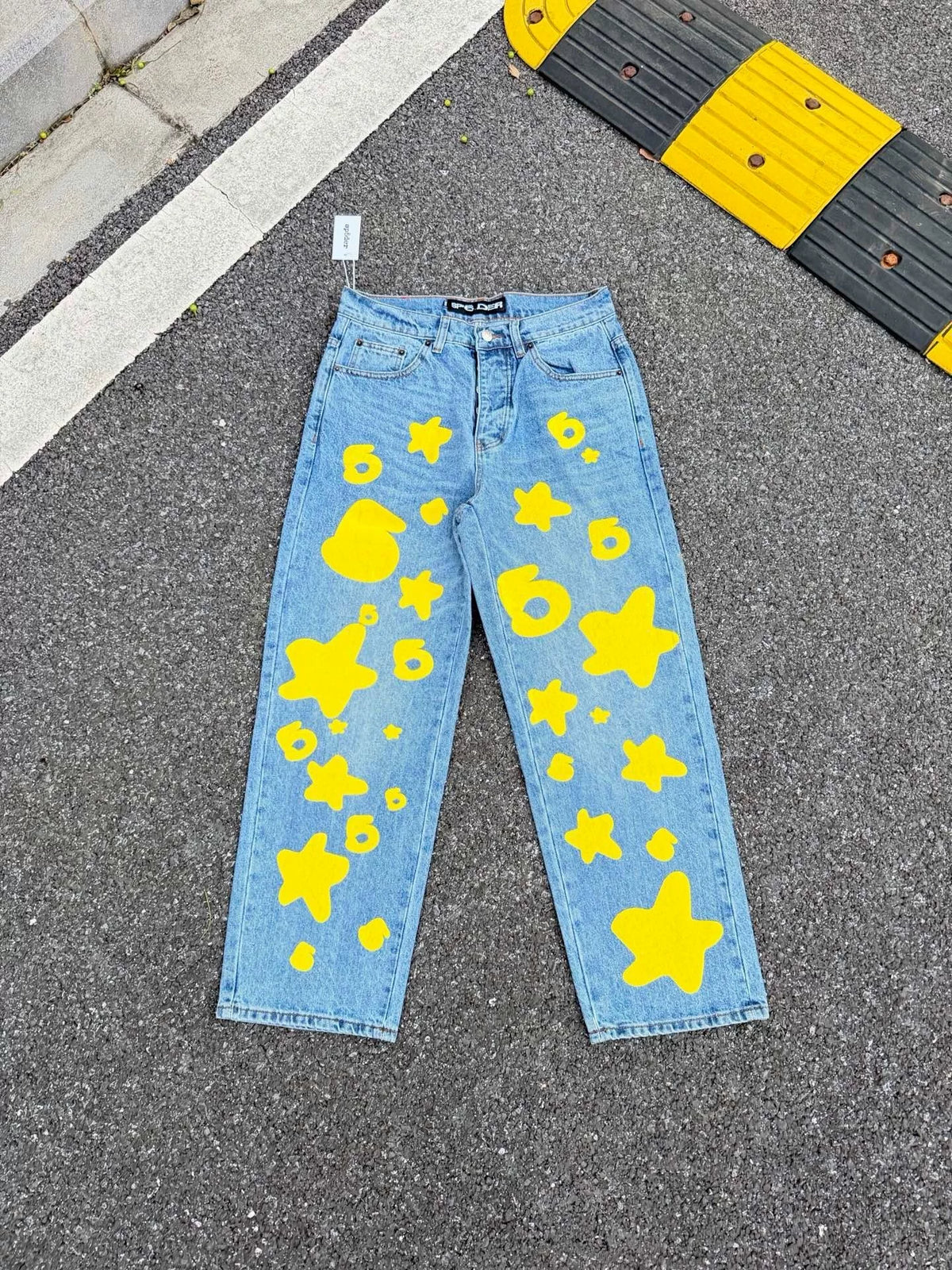 Sp5der Star Foam Print Washed Distressed Jeans
