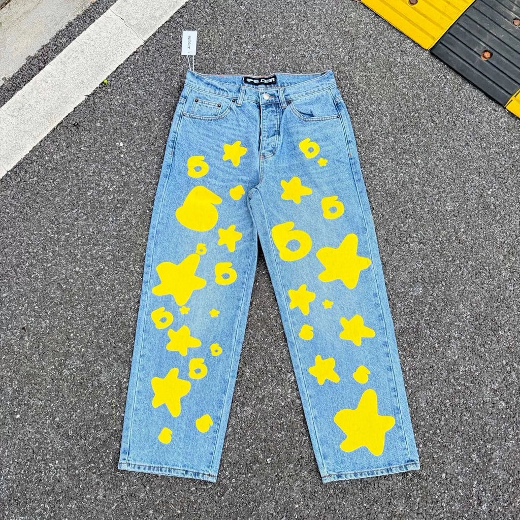 Sp5der Star Foam Print Washed Distressed Jeans