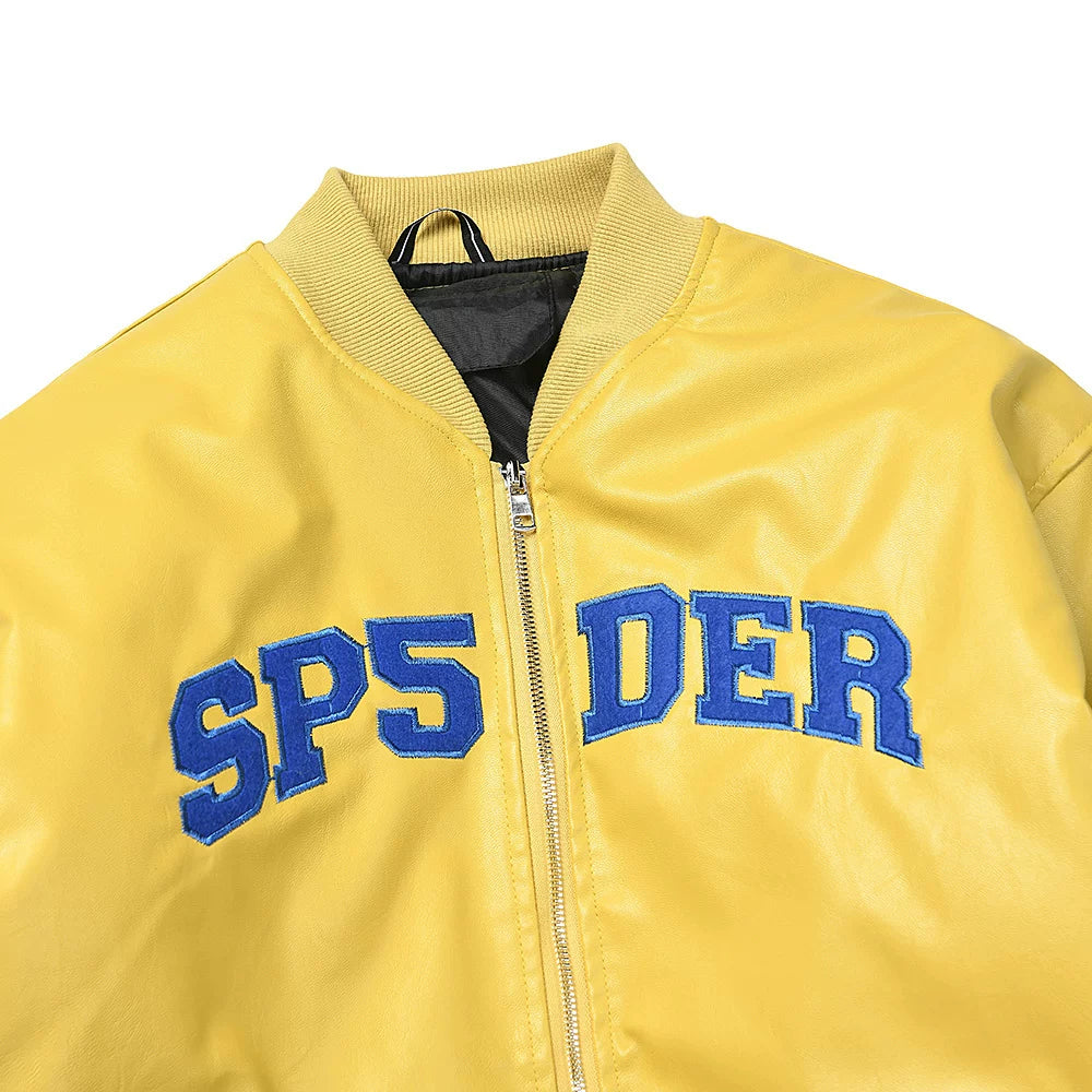 Sp5der Embroidered PU Leather High Street Bomber Jacket