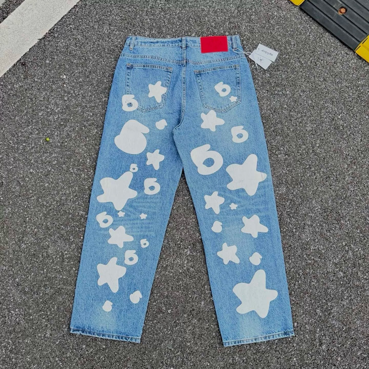 Sp5der Star Foam Print Washed Distressed Jeans