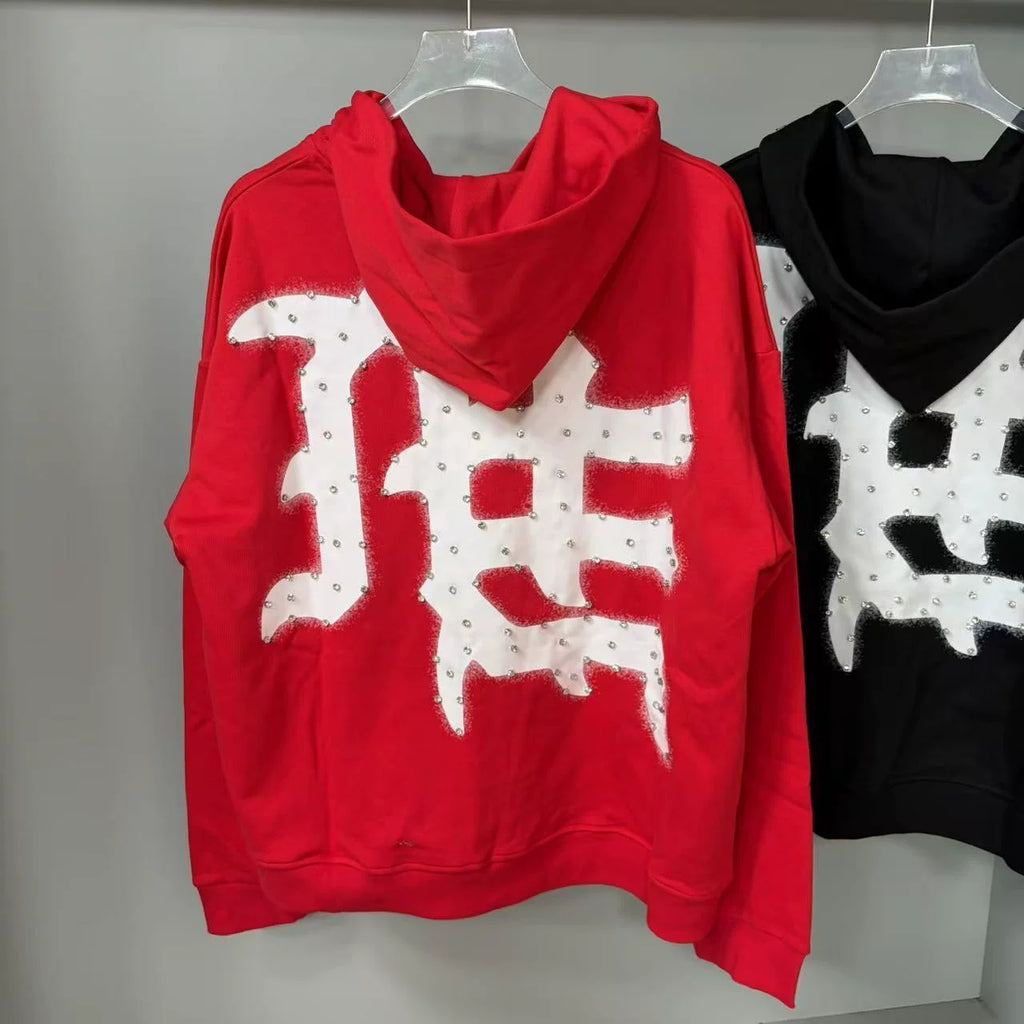 Mixed Emotion Rhinestone Letter Zip Hoodie Red