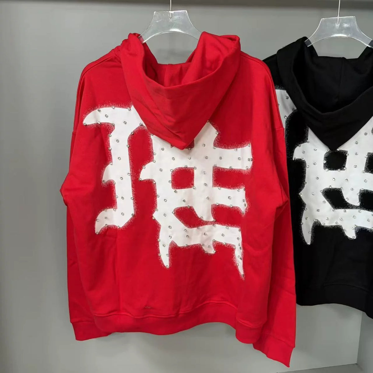 Mixed Emotion Rhinestone Letter Zip Hoodie Red