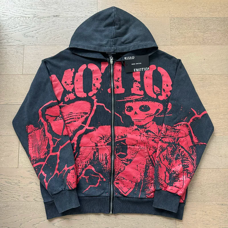 Mixed Emotion Rhinestone Letter High-Street Zip Hoodie