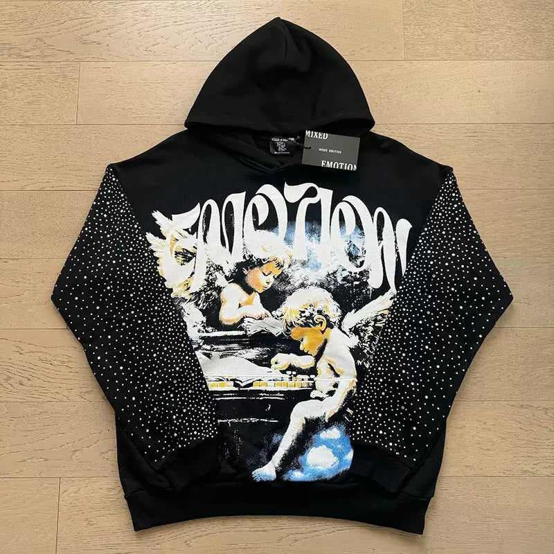MIXED EMOTION Angel Rhinestone Oversized Hoodie