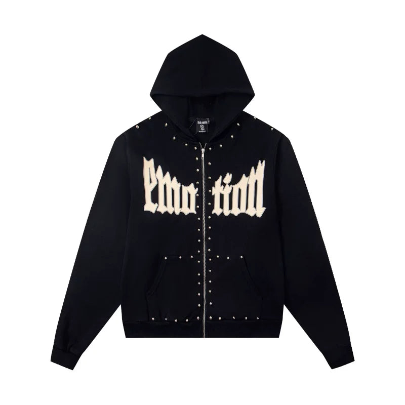 Mixed Emotion Beaded Graphic High-Street Zip Hoodie