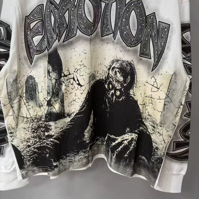 Mixed Emotion Skull Rhinestone Streetwear Long Sleeve