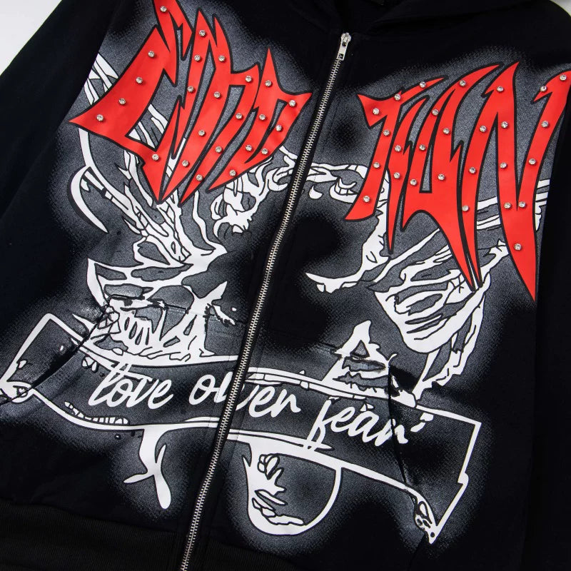 Mixed Emotion Rhinestone High-Street Zip Hoodie