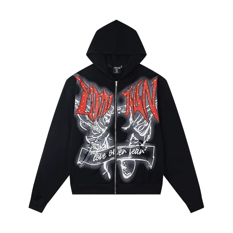 Mixed Emotion Rhinestone High-Street Zip Hoodie