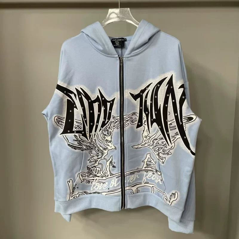 Mixed Emotion Rhinestone Streetwear Zip Hoodie