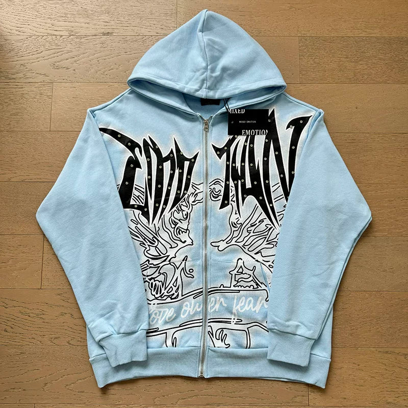 Mixed Emotion Rhinestone Letter High-Street Zip Hoodie