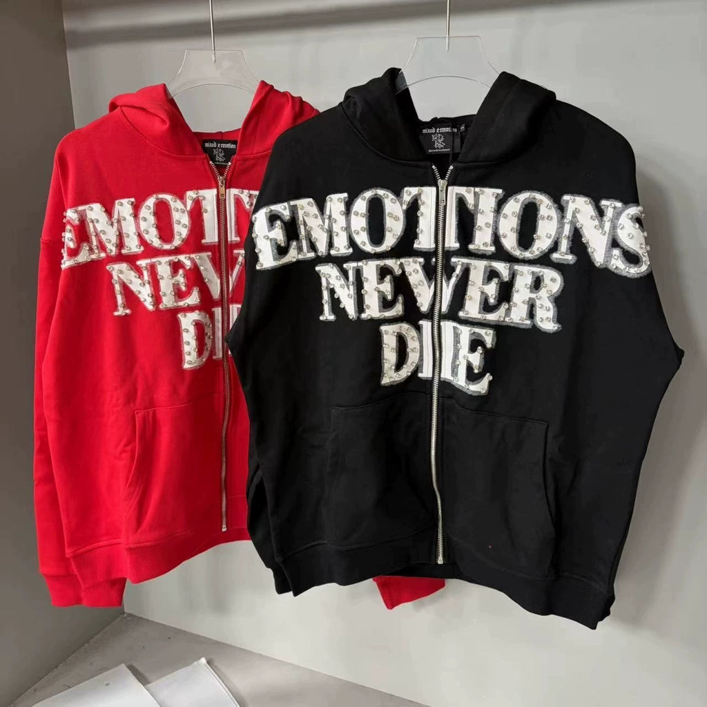 Mixed Emotion Rhinestone Letter Zip Hoodie Black