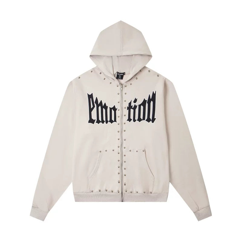 Mixed Emotion Beaded Graphic High-Street Zip Hoodie