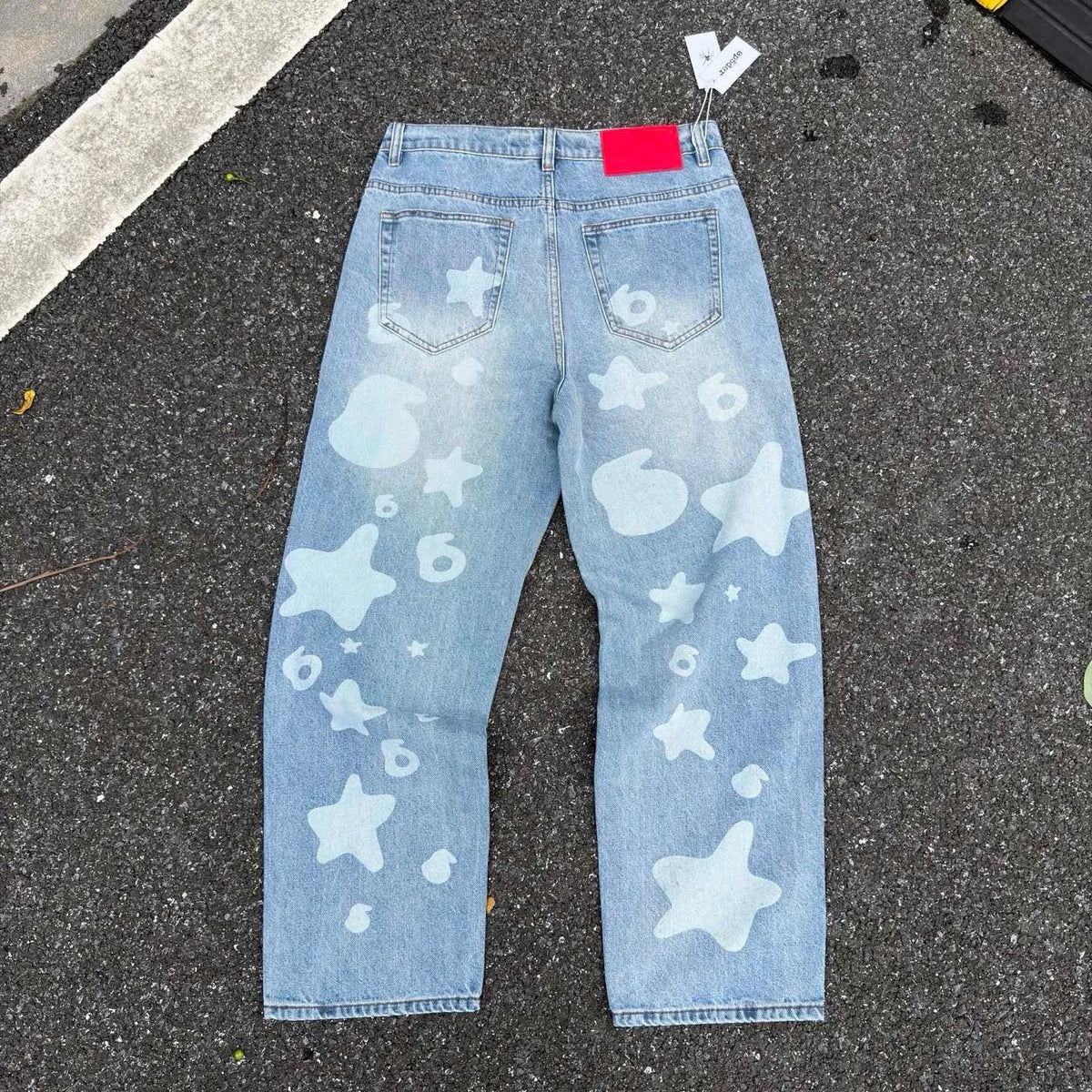 Sp5der Star Foam Print Washed Distressed Jeans