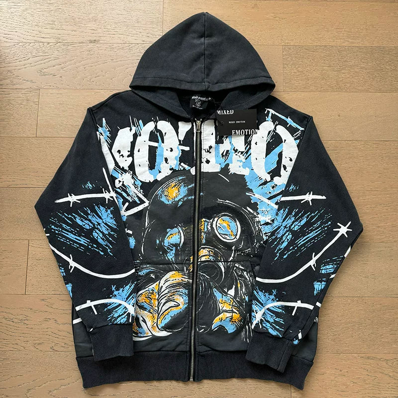 Mixed Emotion Rhinestone Letter High-Street Zip Hoodie