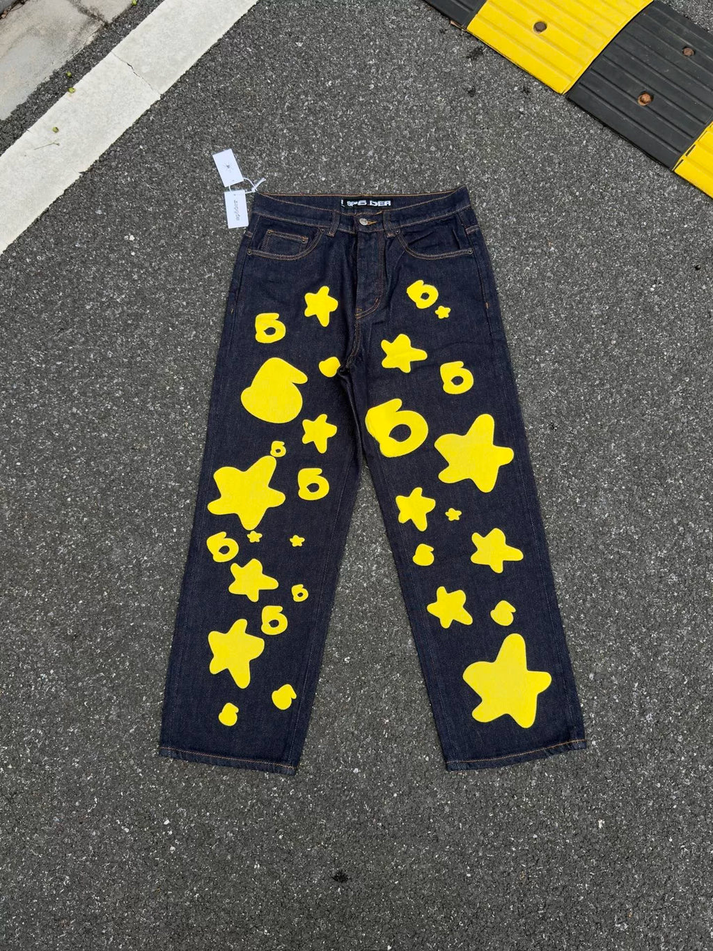Sp5der Star Foam Print Washed Distressed Jeans