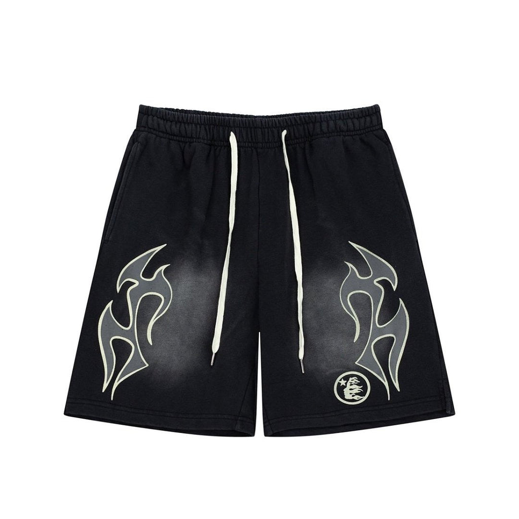 Hellstar Records Flame Print Acid Wash Loose Sweat Shorts