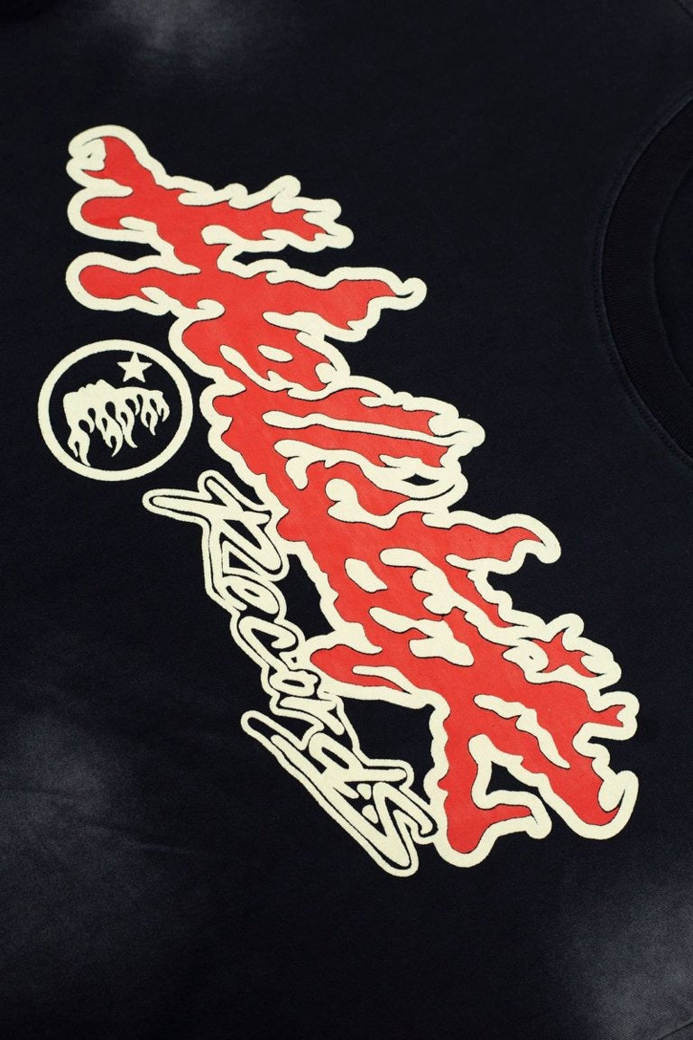 Hellstar Records Flame Letter Graphic Vintage Washed T-Shirt - Black