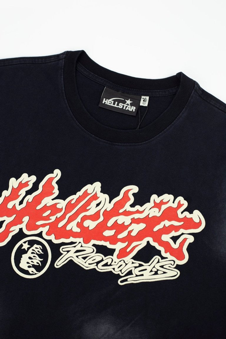 Hellstar Records Flame Letter Graphic Vintage Washed T-Shirt - Black