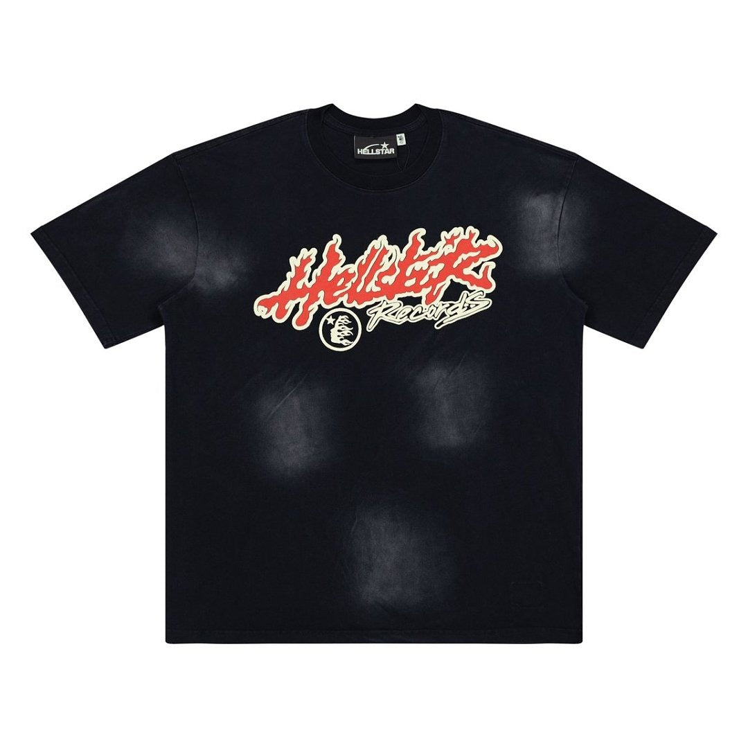 Hellstar Records Flame Letter Graphic Vintage Washed T-Shirt - Black