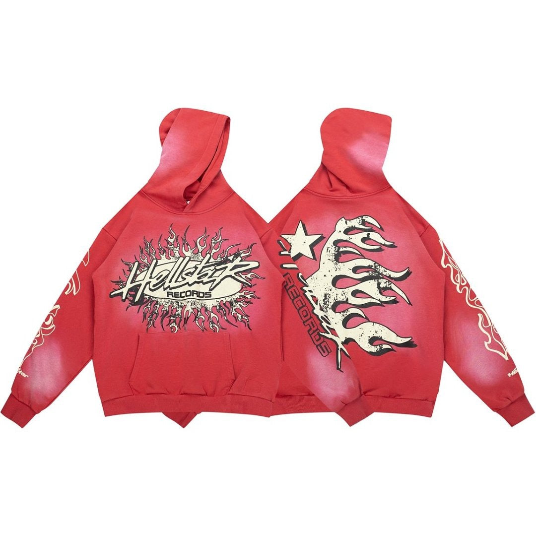 HELLSTAR Records Vintage Wash Flame Graphic Hoodie - Red