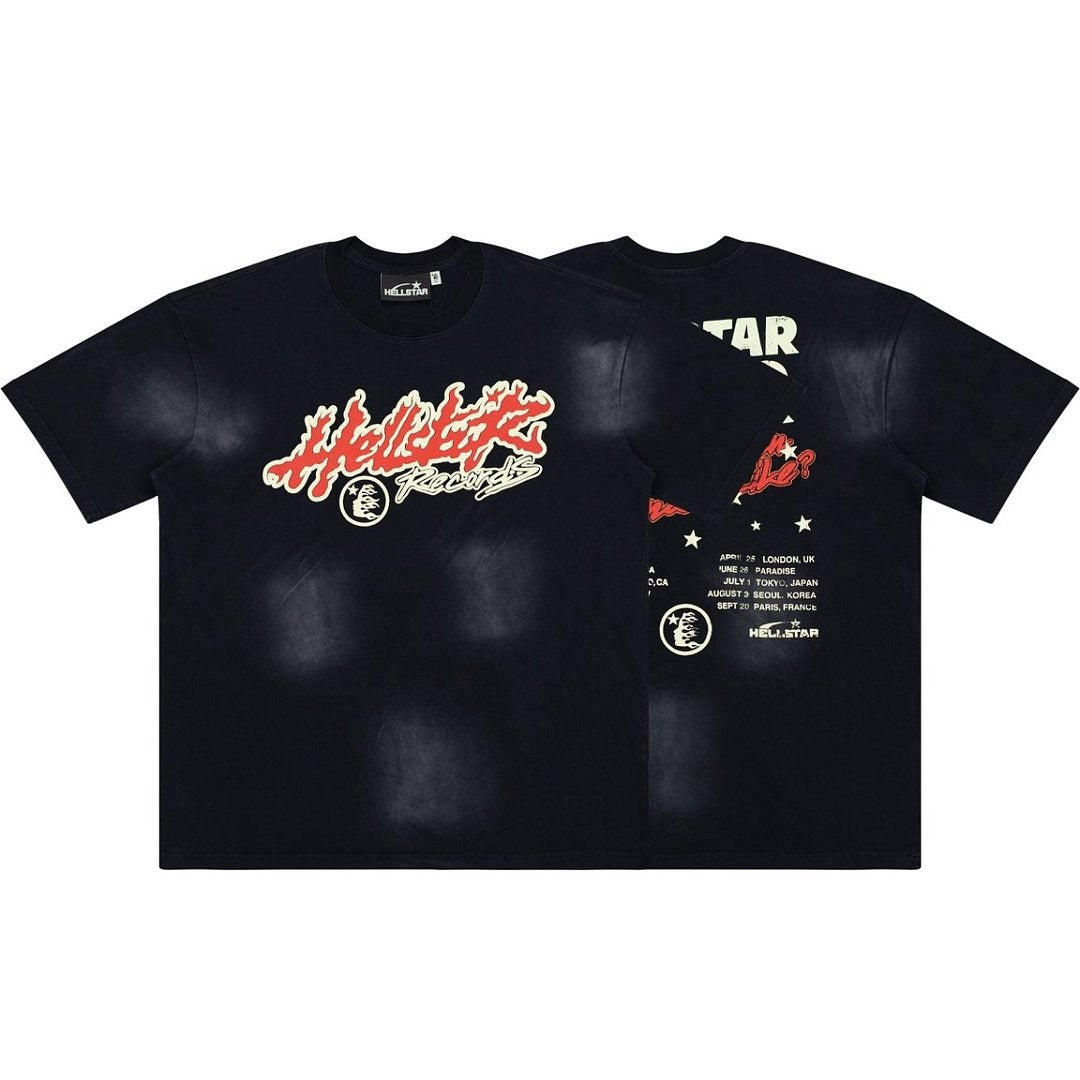 Hellstar Records Flame Letter Graphic Vintage Washed T-Shirt - Black