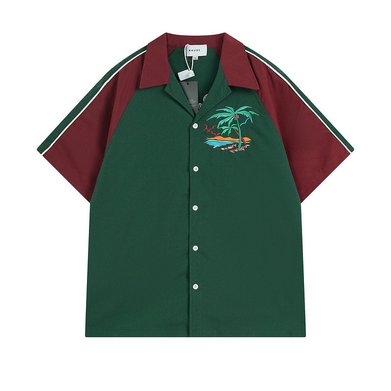 RHUDE Vintage Palm Tree Embroidered Color Block Shirt