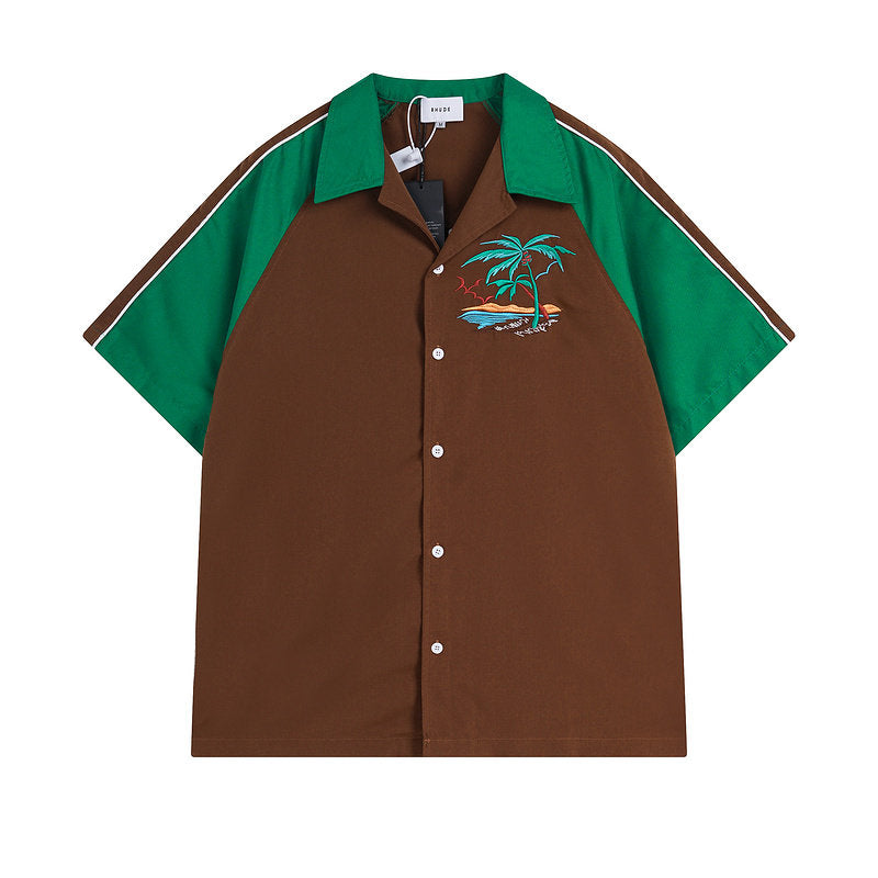 RHUDE Vintage Palm Tree Embroidered Color Block Shirt